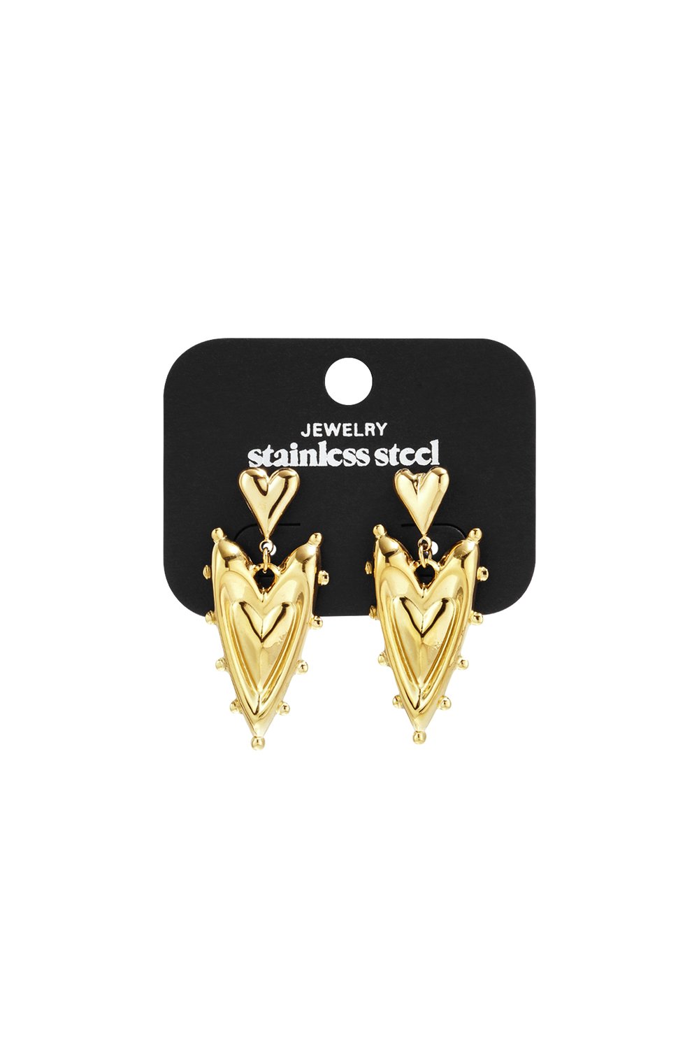 Golden Heart Glow gold-tone stainless steel drop earrings featuring textured heart charms on a black display card.