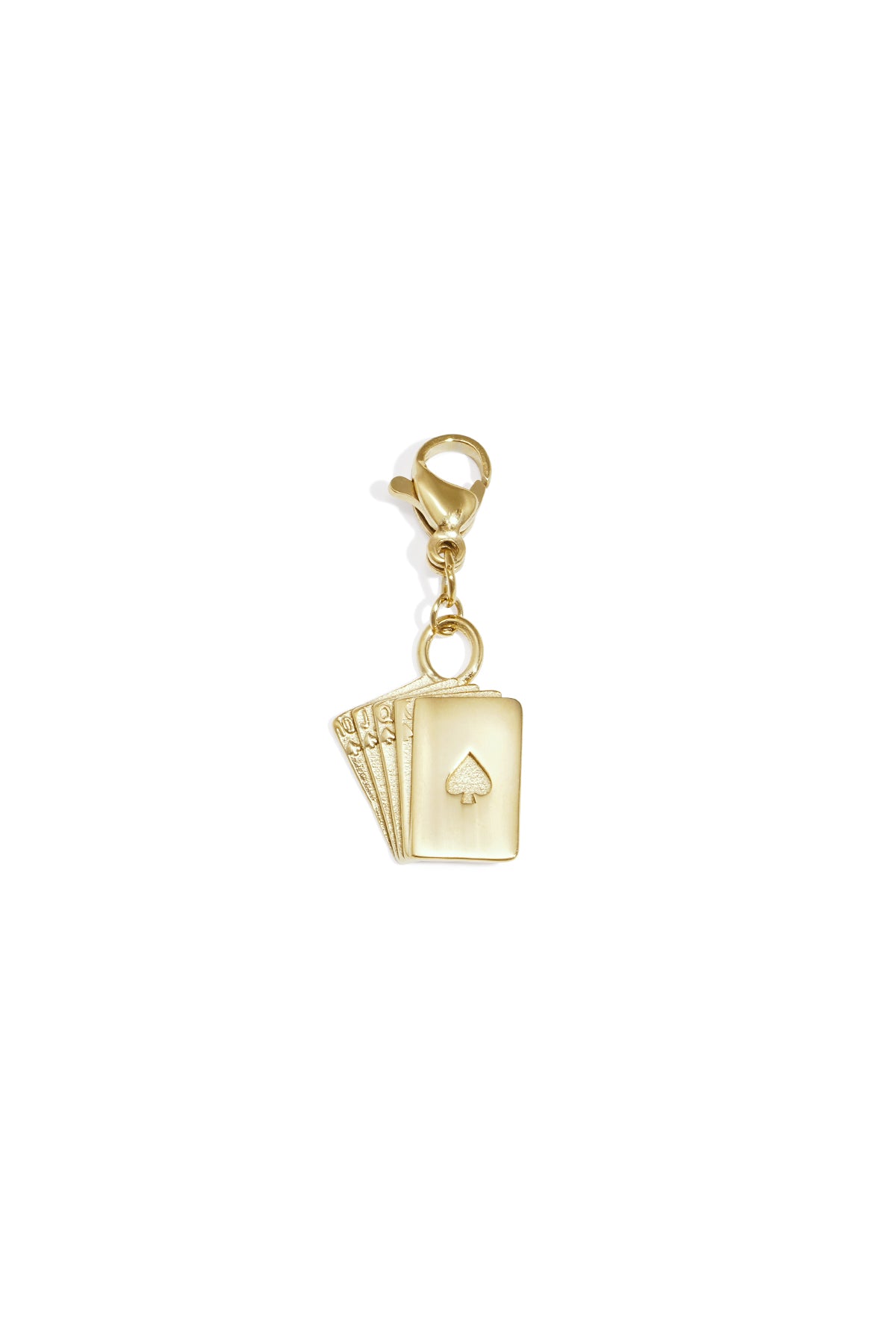 Gold playing cards charm with lobster clasp on white background