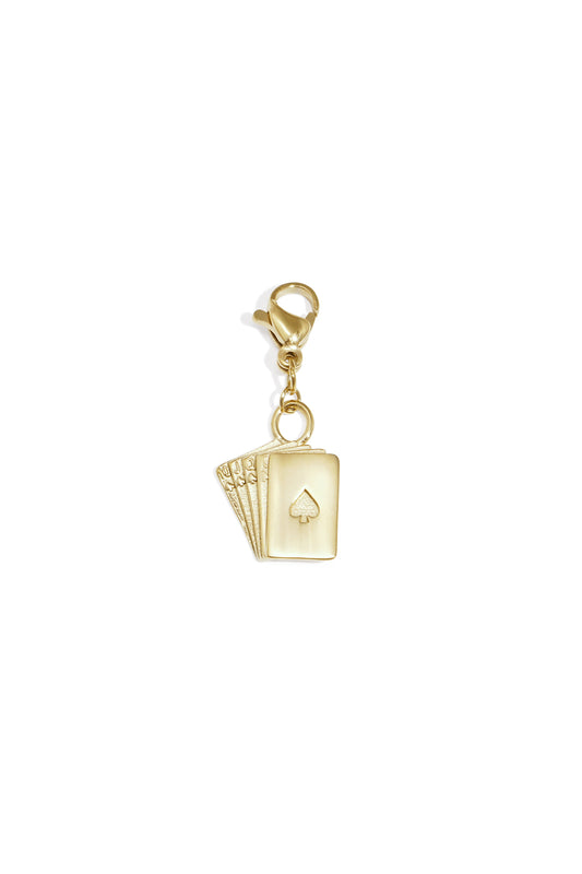 Gold playing cards charm with lobster clasp on white background