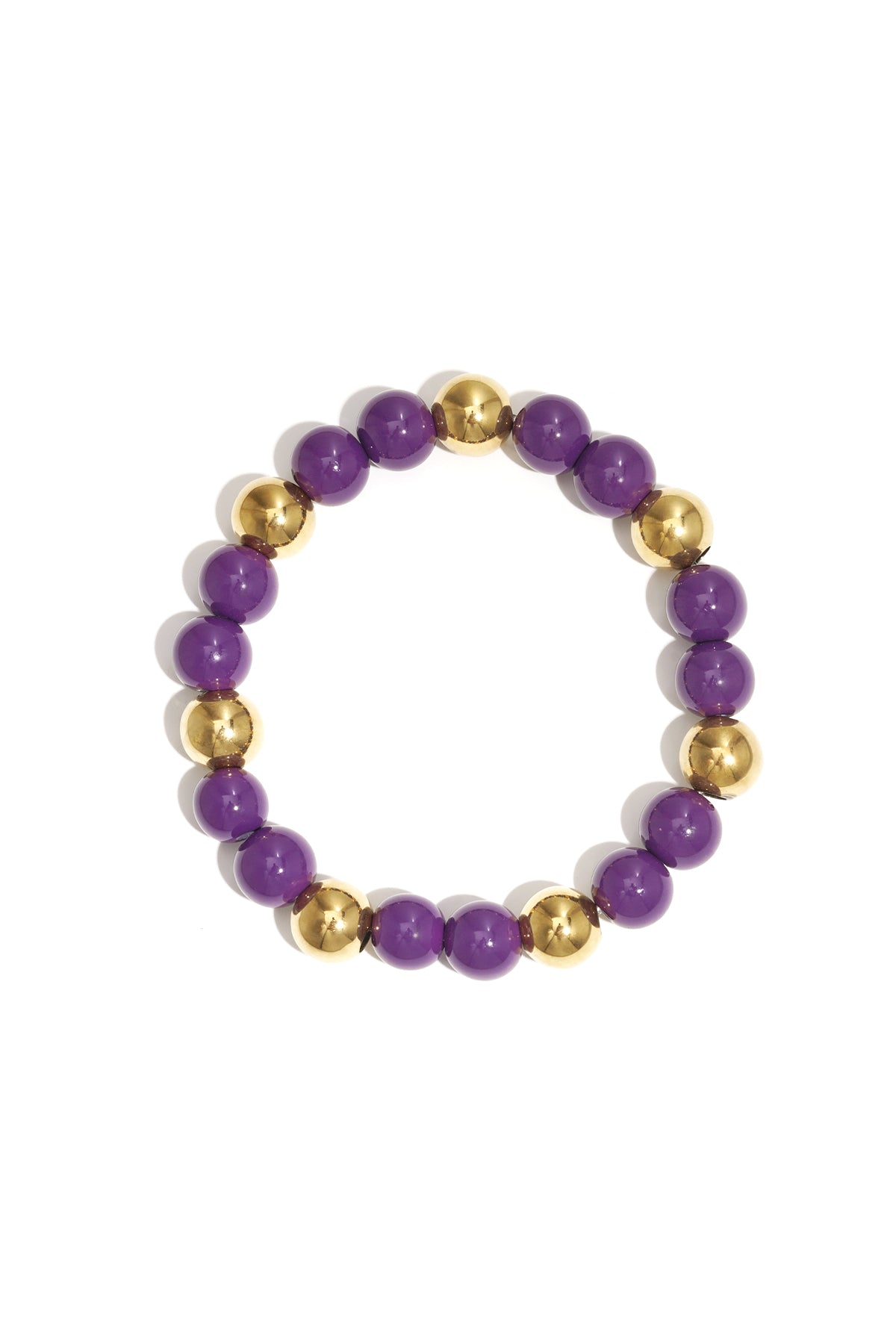 Single acrylic beaded bracelet featuring alternating purple and gold-tone beads isolated on white background