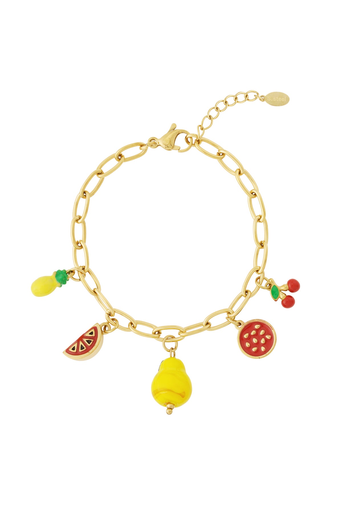 Gold chain bracelet with five colorful enamel fruit charms including pineapple, watermelon, pear, pomegranate, and cherries on white background
