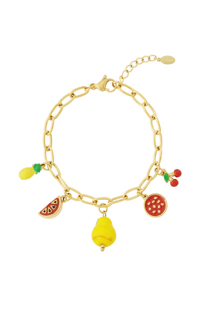 Gold chain bracelet with five colorful enamel fruit charms including pineapple, watermelon, pear, pomegranate, and cherries on white background