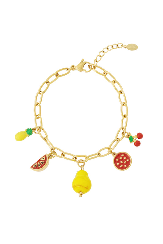 Gold chain bracelet with five colorful enamel fruit charms including pineapple, watermelon, pear, pomegranate, and cherries on white background