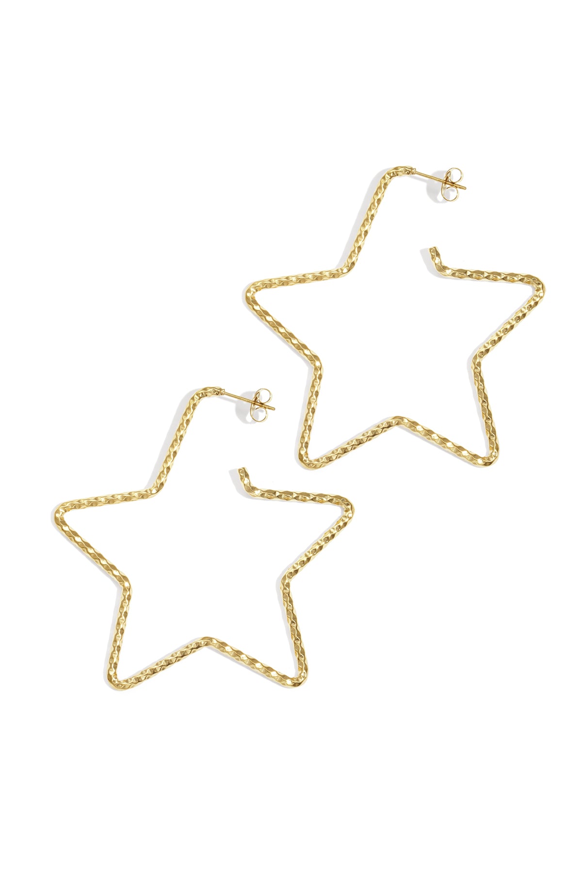 Pair of gold-tone textured star-shaped hoop earrings on white background