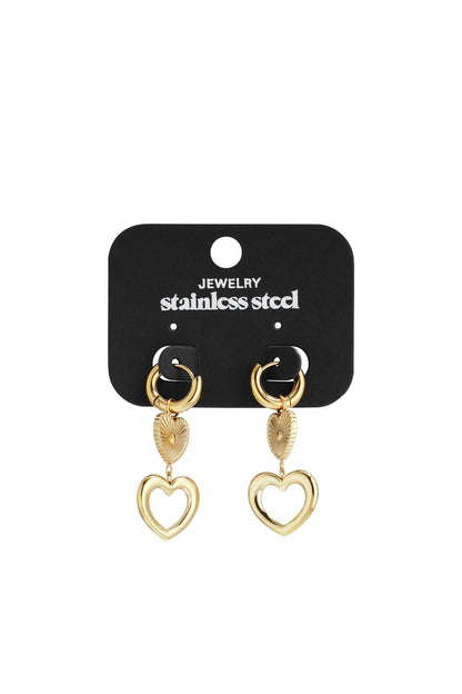 Golden Heartcore Dangles: Gold-tone stainless steel hoop earrings featuring dangling heart charms on display card.