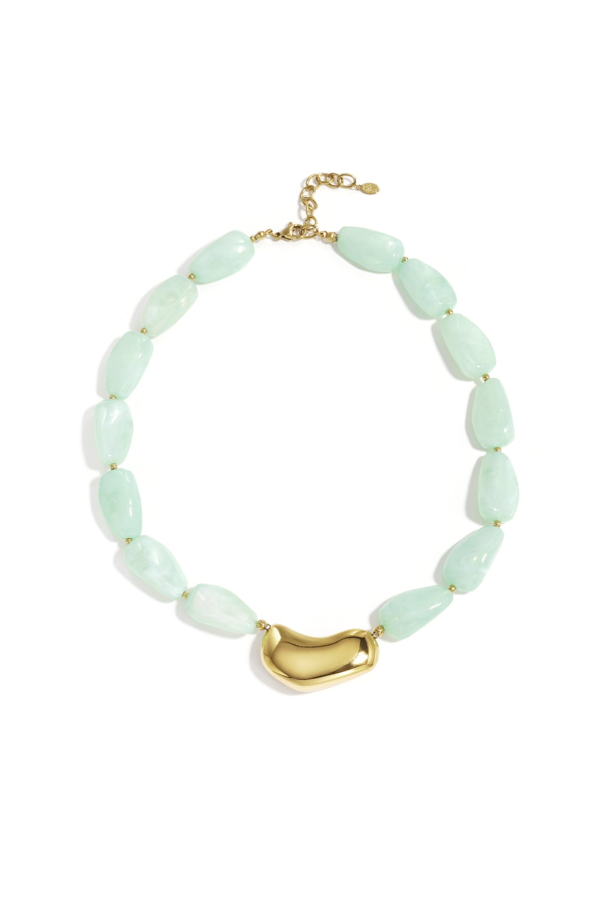 Chunky beaded necklace with mint green marbled beads and gold asymmetrical centerpiece on a white background, adjustable chain visible