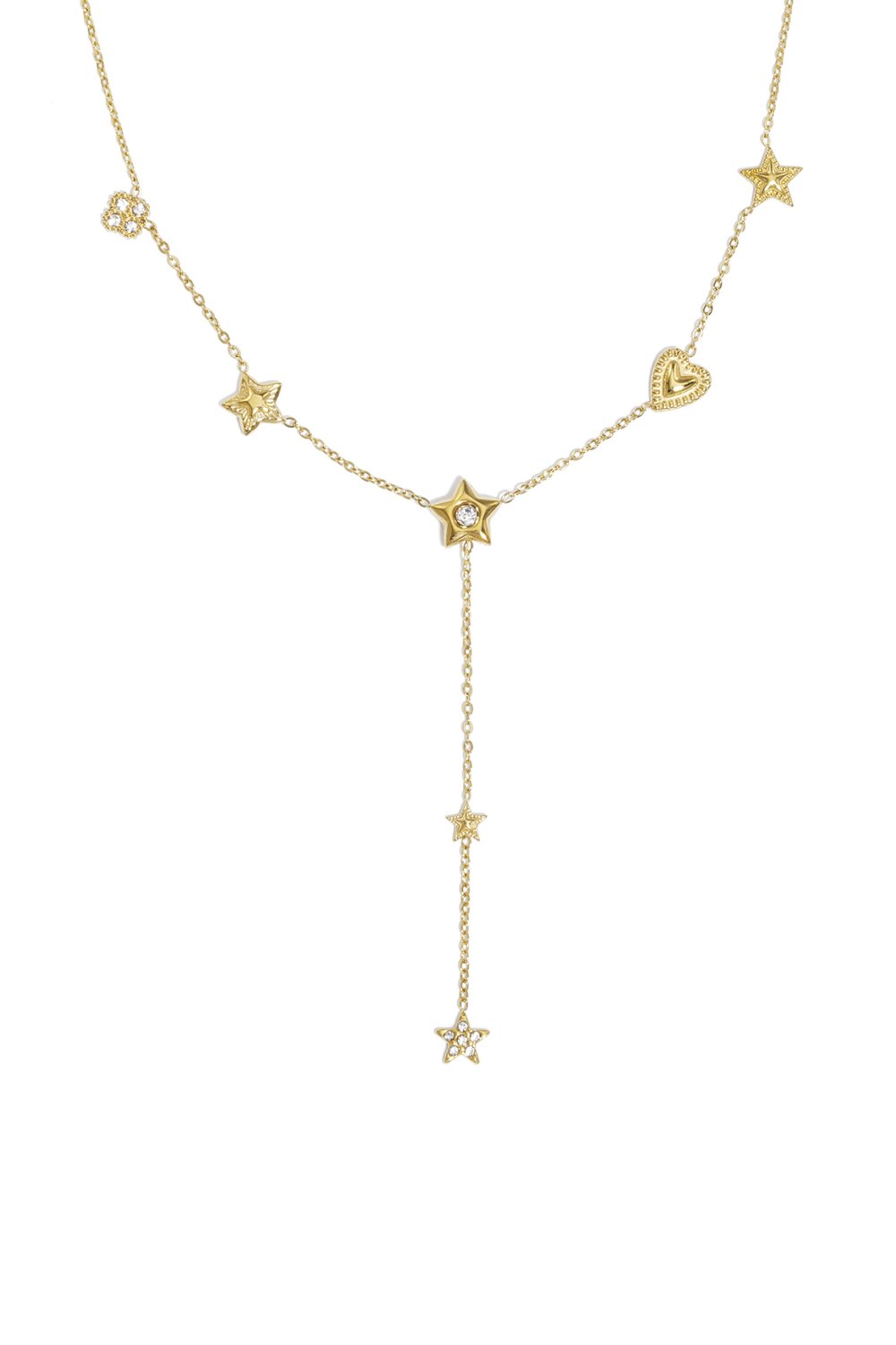 Gold y-drop necklace featuring star and heart charms with pavé accents on a delicate chain.