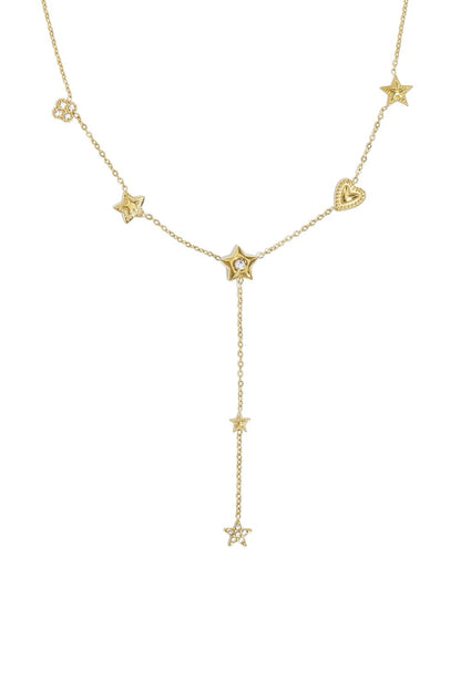 Gold y-drop necklace featuring star and heart charms with pavé accents on a delicate chain.