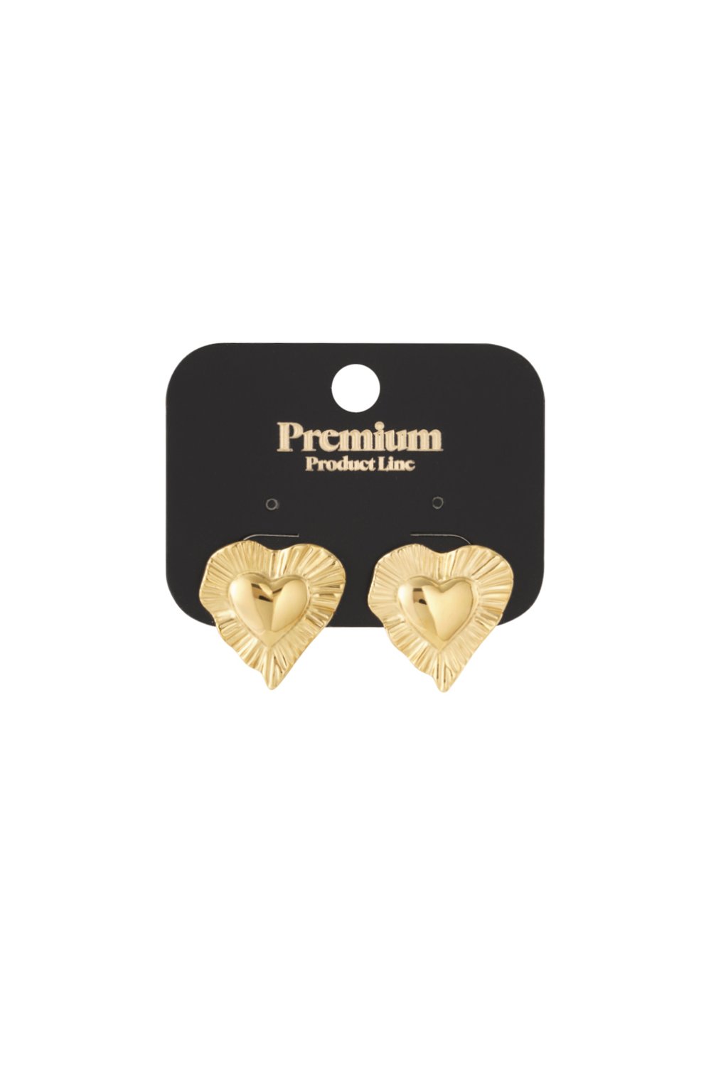 Gold-tone heart stud earrings with a textured, pleated border on a black display card. Y2K-inspired style.