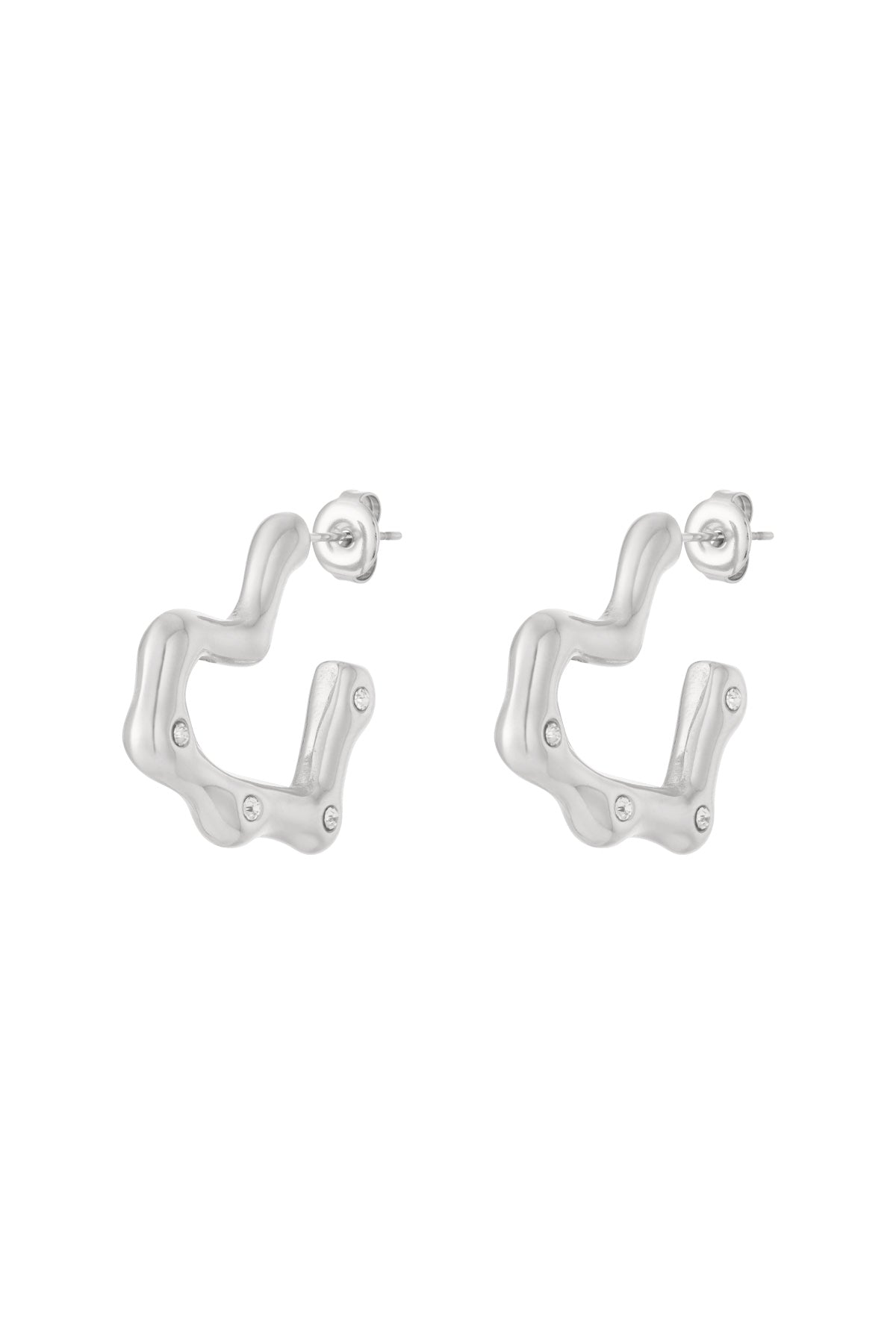 Silver wavy hoop earrings with rhinestone accents displayed on a white background