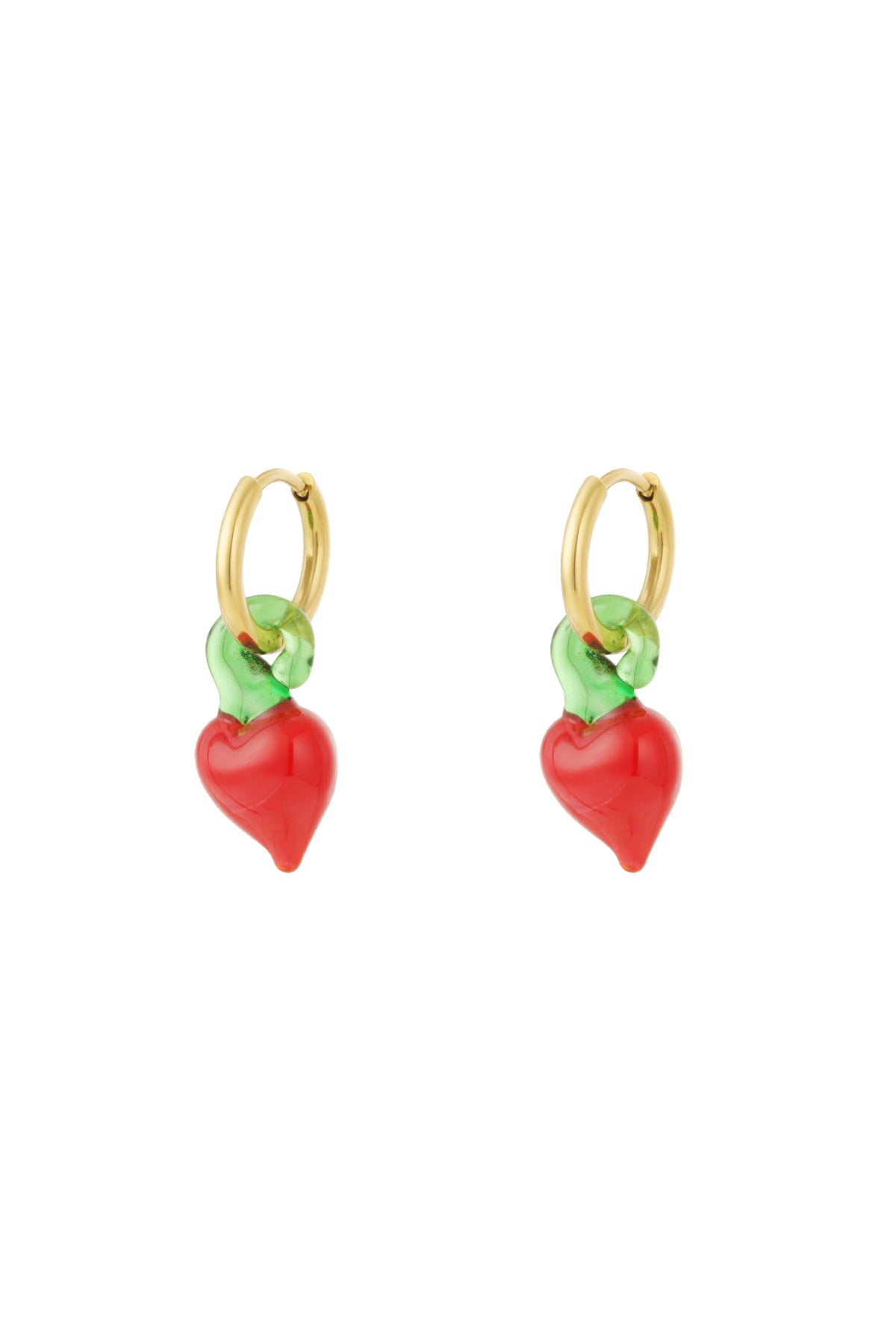 Pair of gold hoop earrings each with a red and green glass berry charm hanging