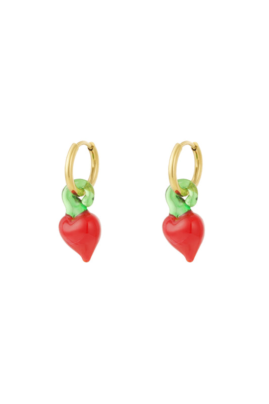 Pair of gold hoop earrings each with a red and green glass berry charm hanging