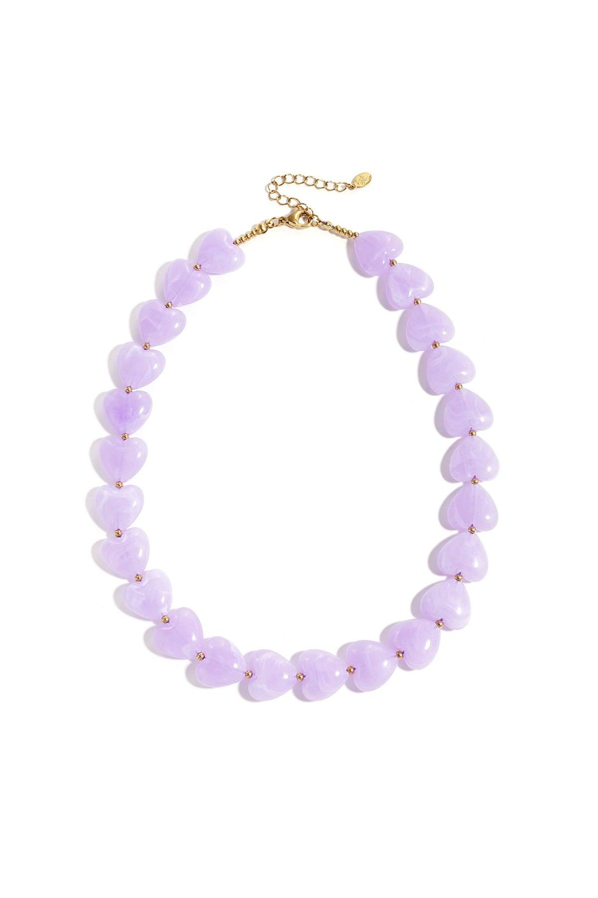 Lavender heart-shaped acrylic bead necklace with gold-tone accents on white background