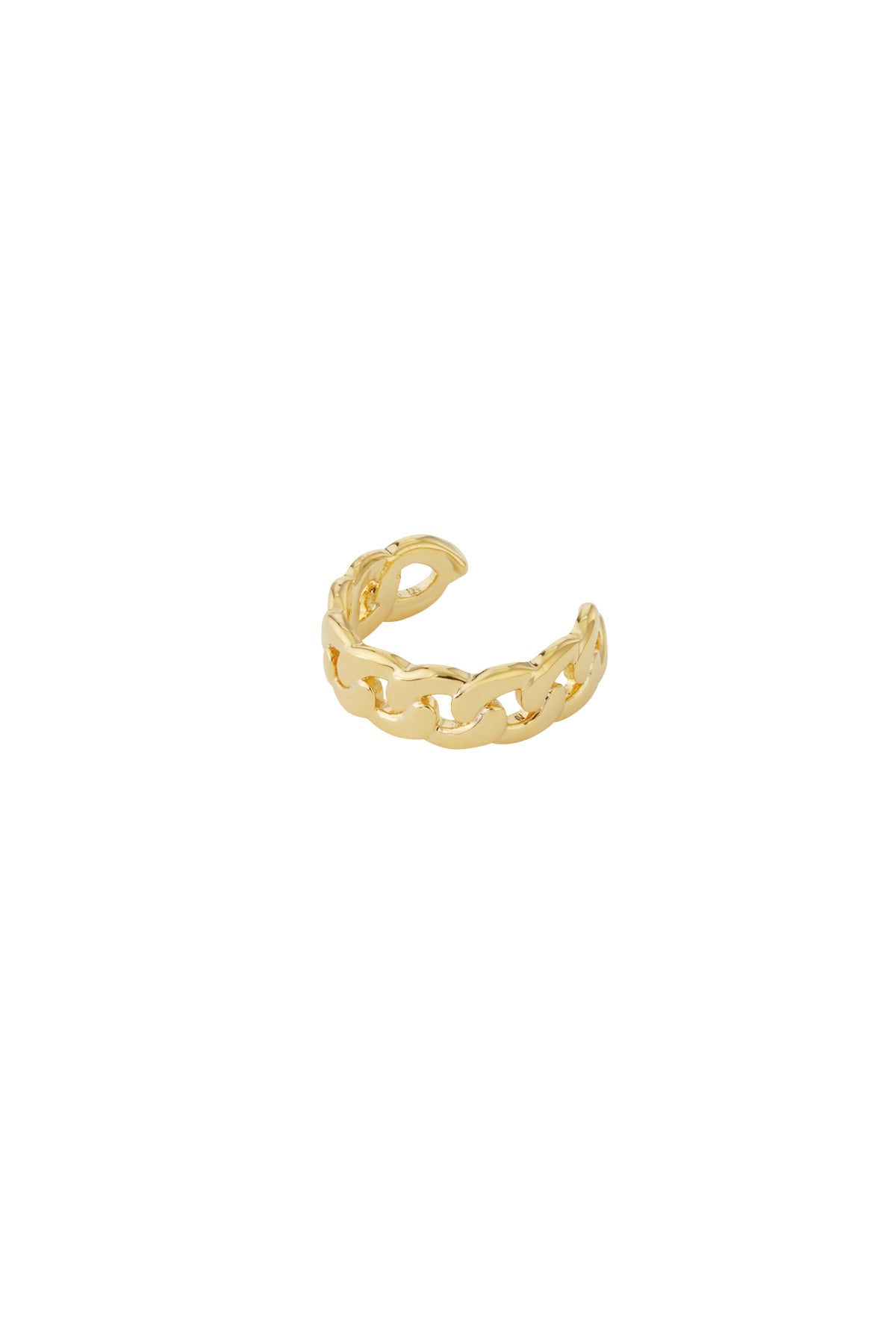 Close-up view of a chunky gold chain-link ear cuff with an open adjustable design.