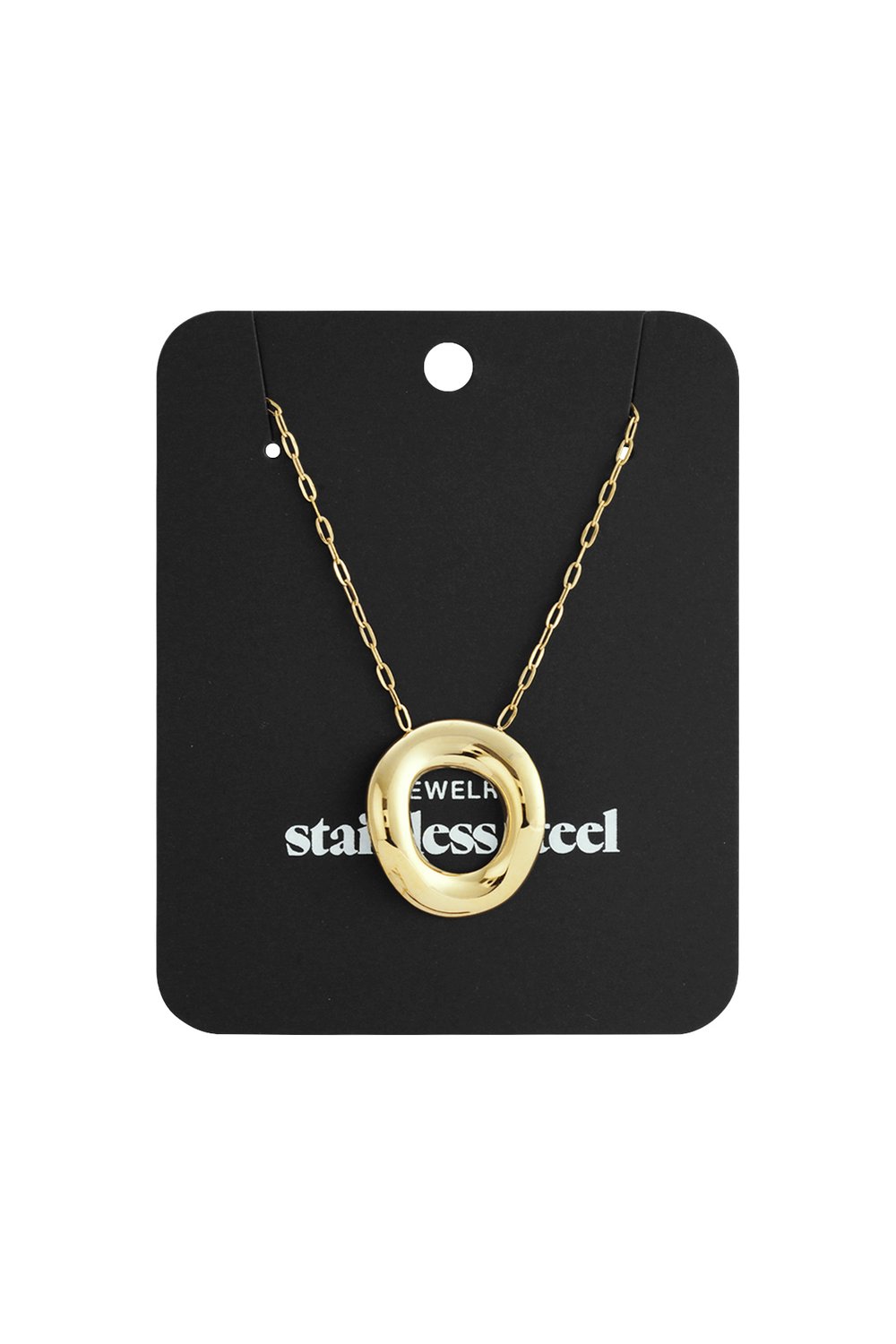 Liquid Gold Circle necklace: Gold-tone stainless steel pendant with a thick, organic round shape on a matching chain.