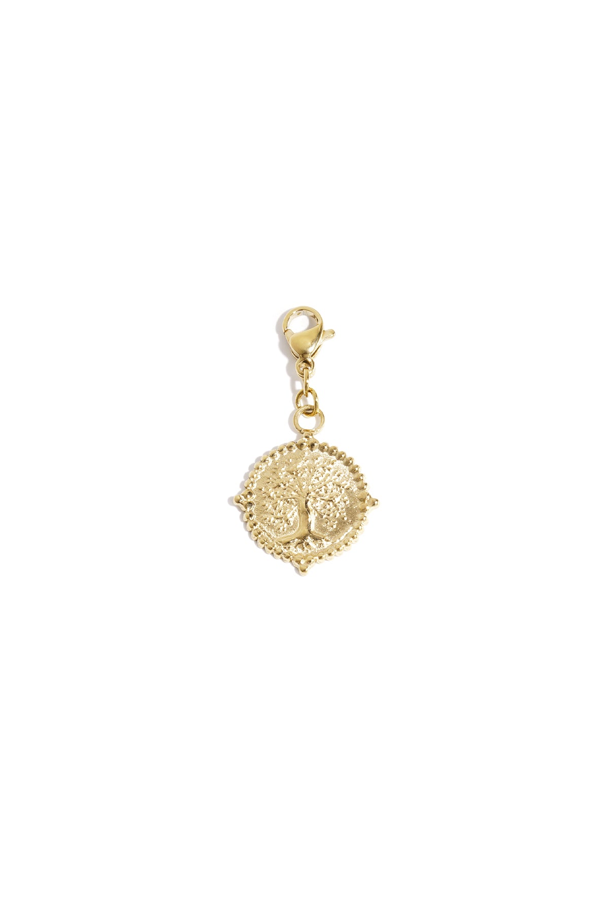 gold tree of life pendant charm with lobster clasp on white background