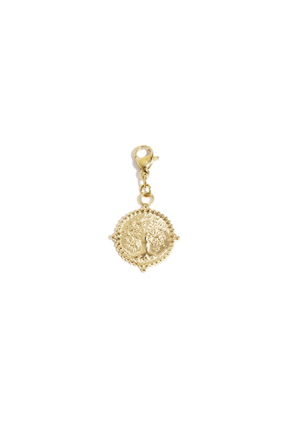 gold tree of life pendant charm with lobster clasp on white background