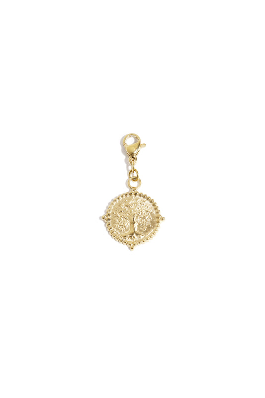 gold tree of life pendant charm with lobster clasp on white background