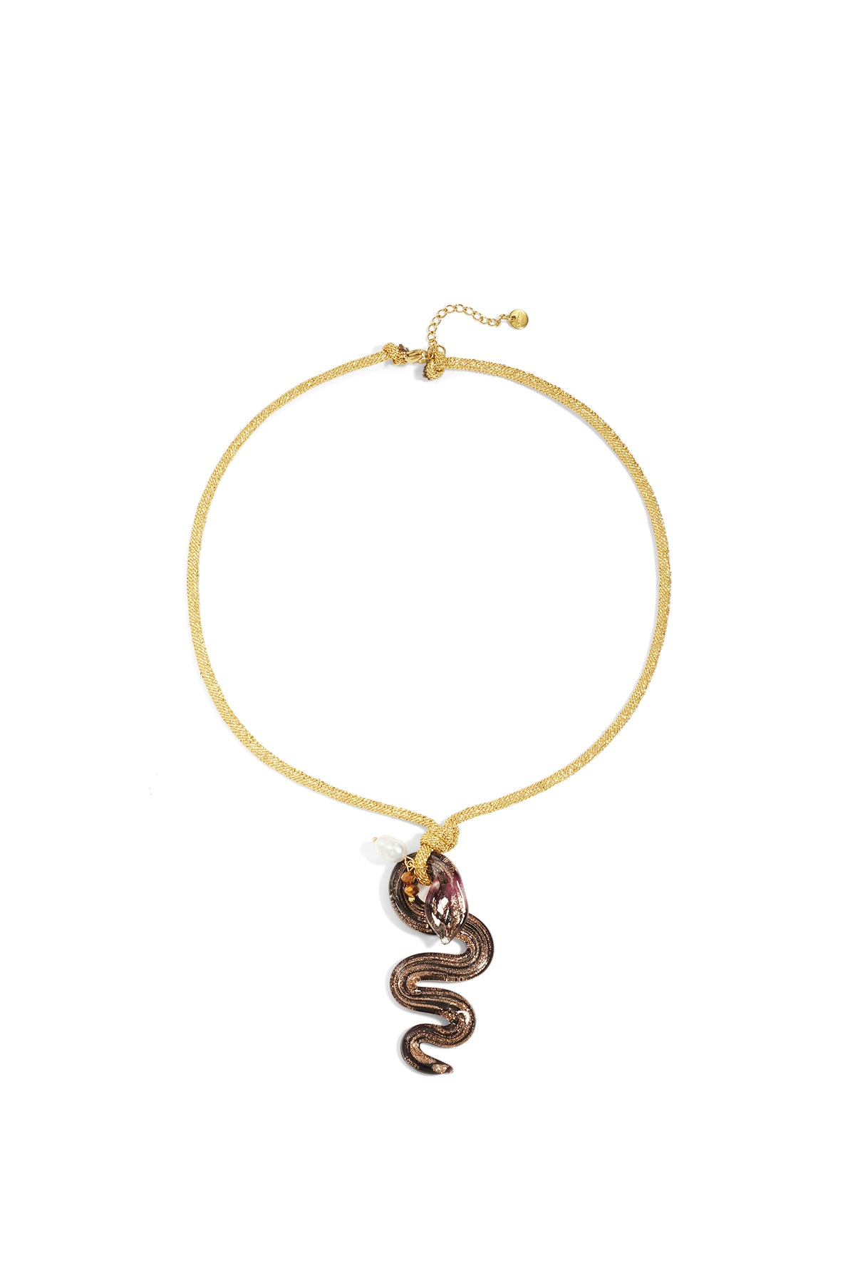 Gold braided chain necklace with dark metallic snake-shaped pendant accented with a faux pearl and leaf charm on white background