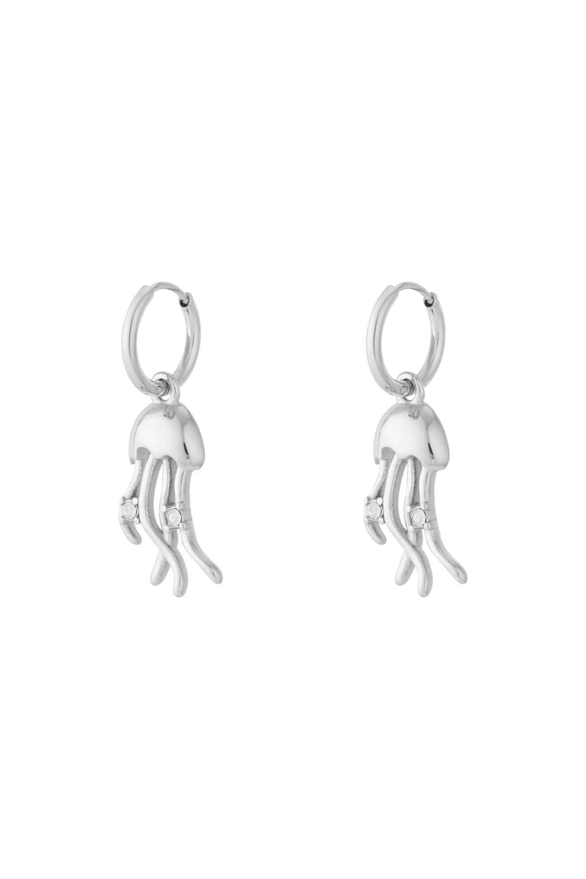 Pair of silver jellyfish drop earrings with rhinestone accents on white background