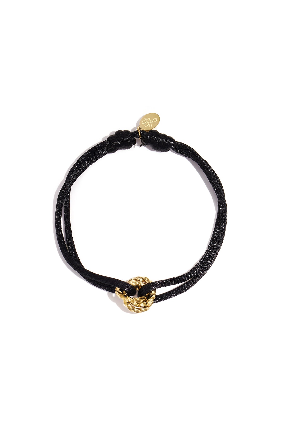 Vibrant Knot Charm Bracelet with a black cord and a gold twisted knot charm on a white background.