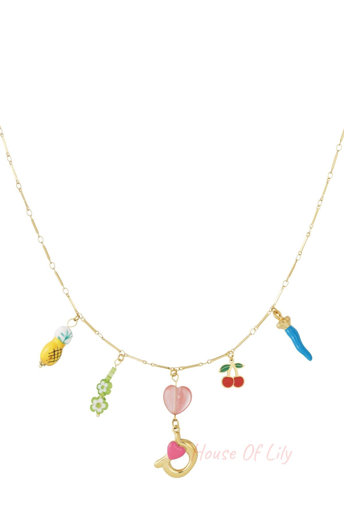 Gold charm necklace with green fish, red coral, gold letter E with pink flower, white star charm, and green flower charms