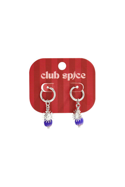 Silver hoop earrings featuring a dangling sun charm and a small, vertically ribbed blue bead.