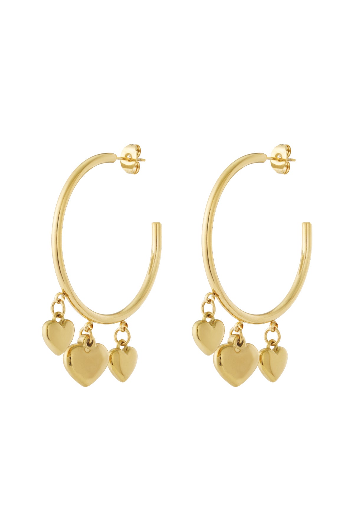 Pair of gold hoop earrings with three dangling heart-shaped charms on a white background.