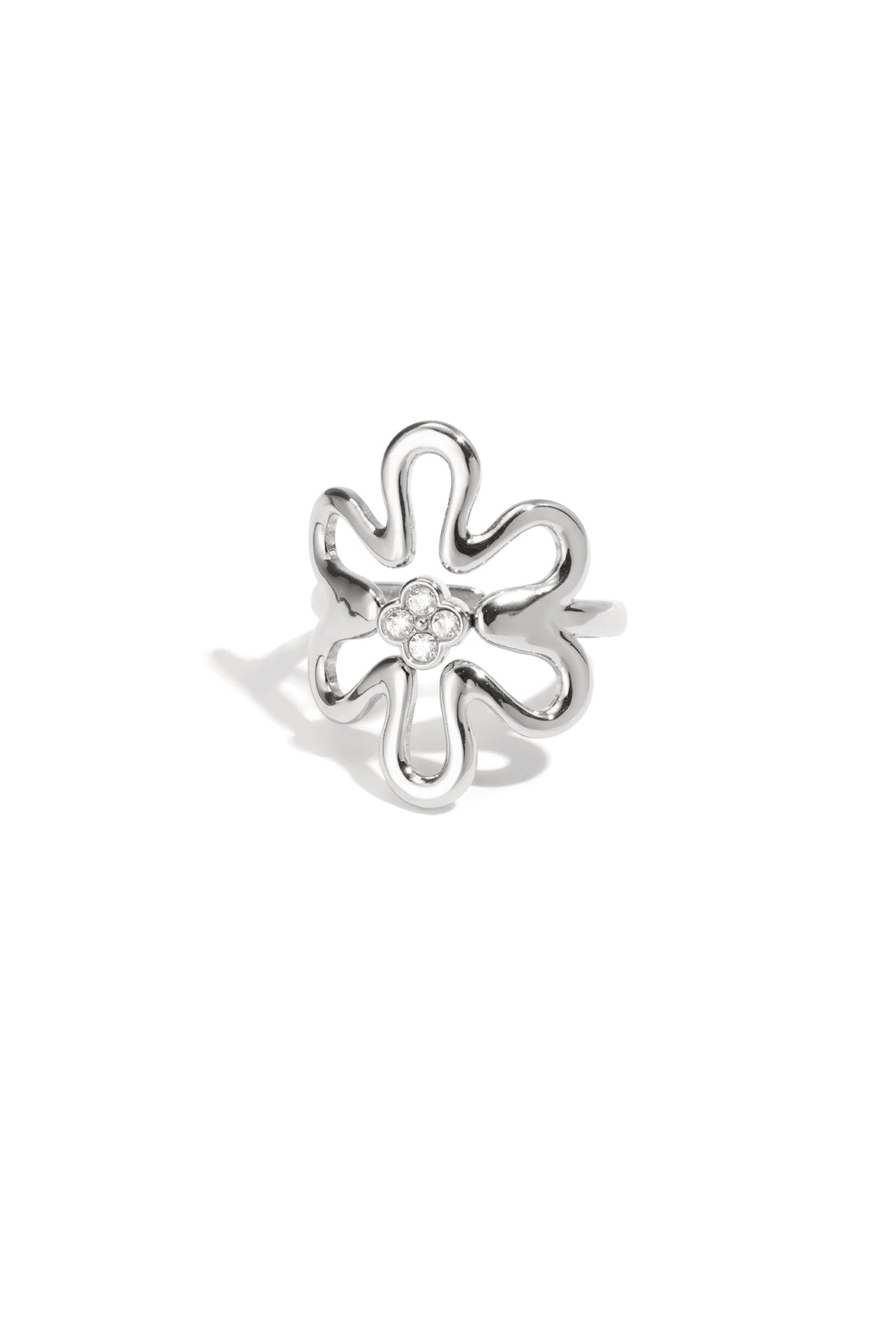 Silver tone playful flower statement ring with rhinestone cluster center on white background