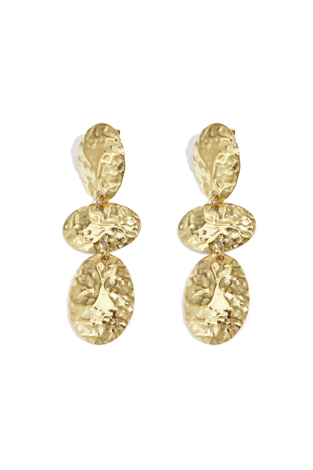Pair of hammered gold oval dangle earrings with three connected textured oval shapes displayed on white background