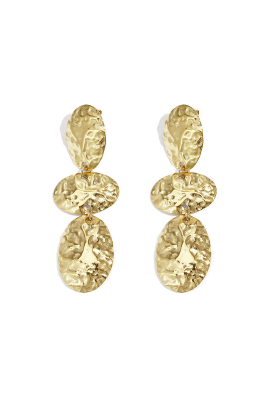 Pair of hammered gold oval dangle earrings with three connected textured oval shapes displayed on white background