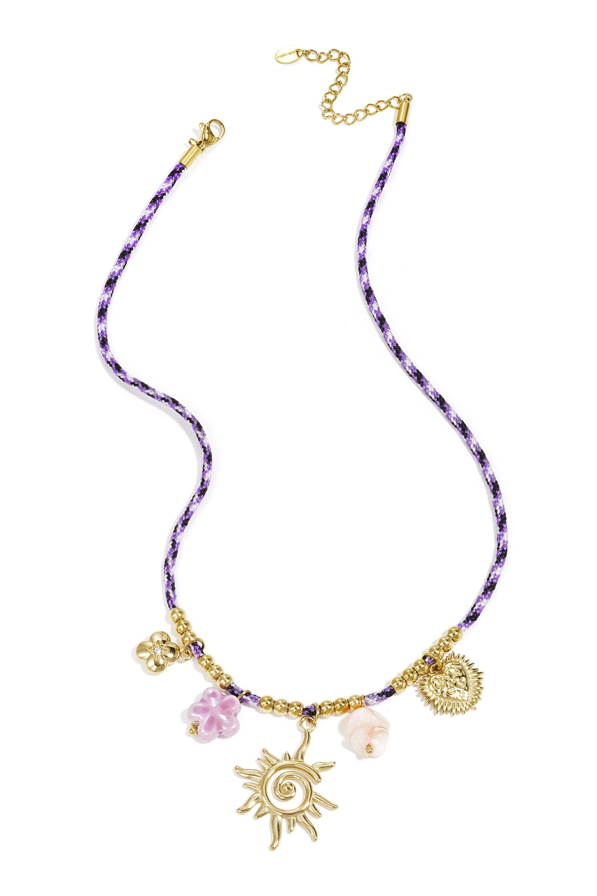 Purple braided cord necklace with gold-tone beads and five pendants including a sun, two flowers, a heart, and a gold floral charm
