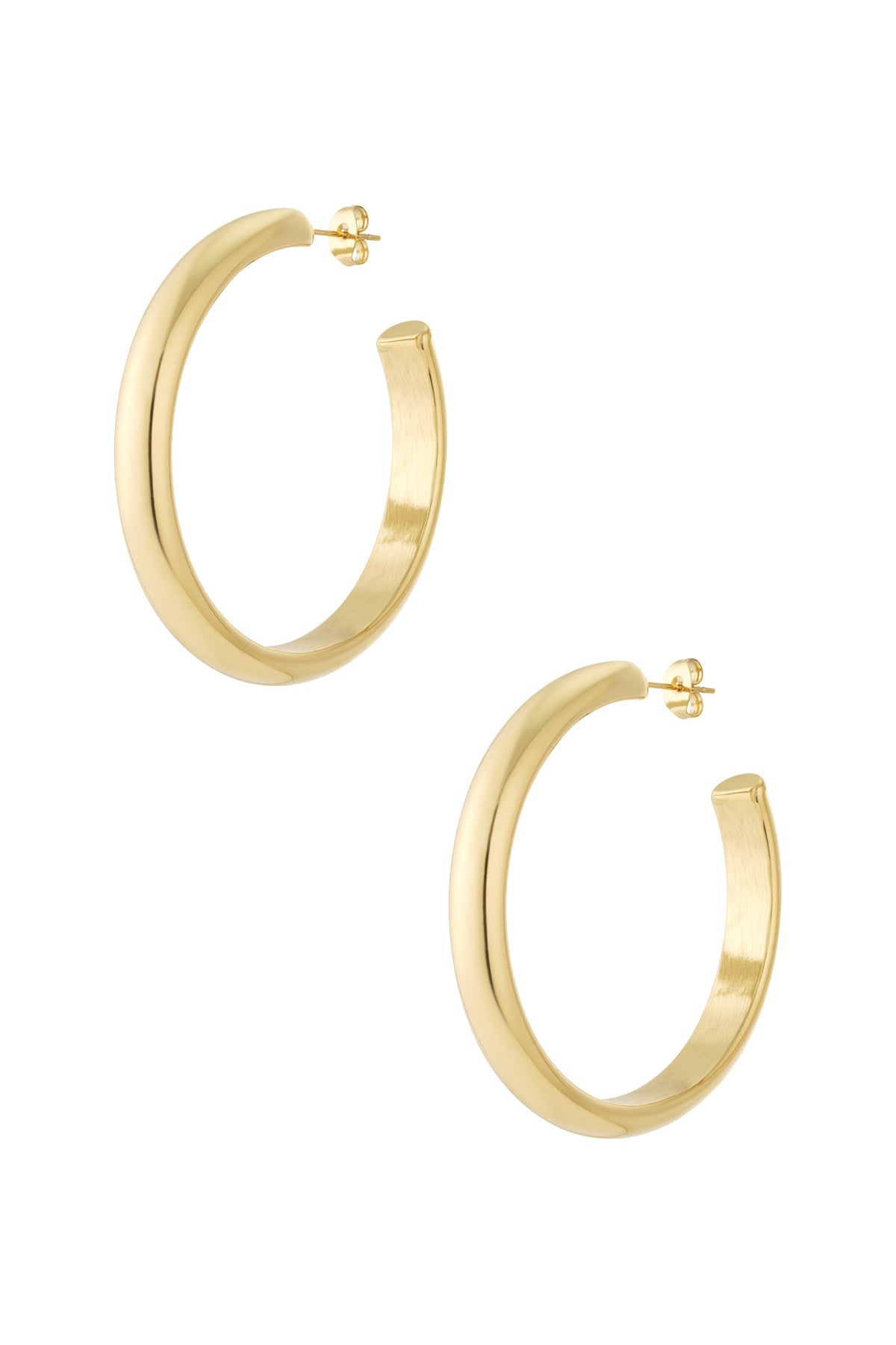 Pair of chunky, polished gold hoop earrings with post backs