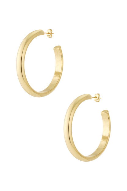 Pair of chunky, polished gold hoop earrings with post backs