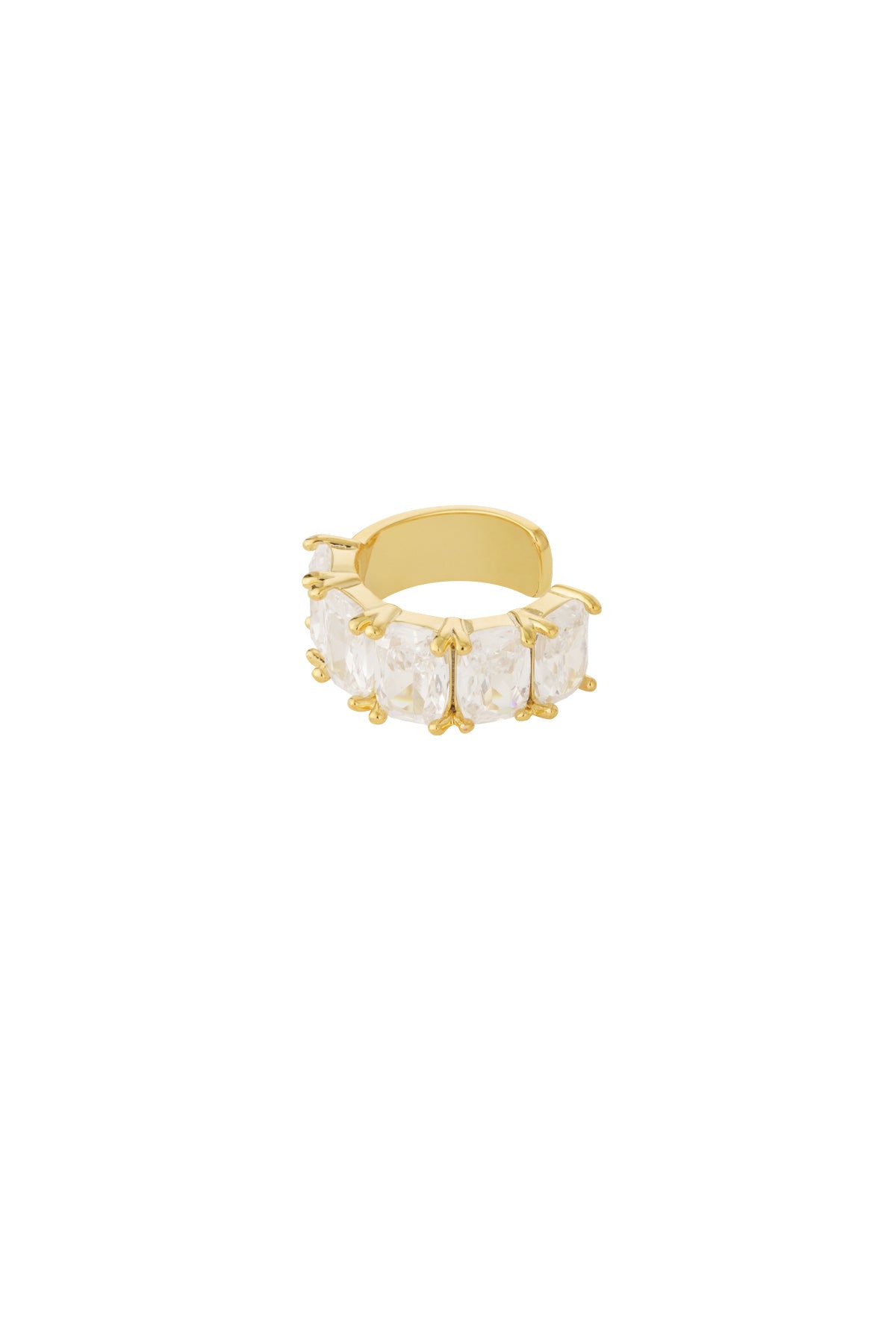 Gold-tone ear cuff with five large clear rectangular stones set in prongs, isolated on white background