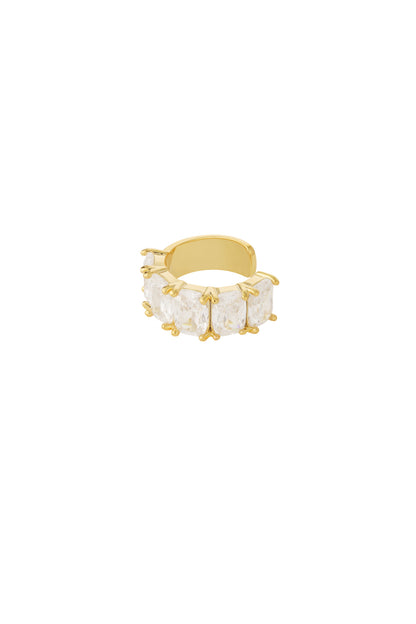 Gold-tone ear cuff with five large clear rectangular stones set in prongs, isolated on white background