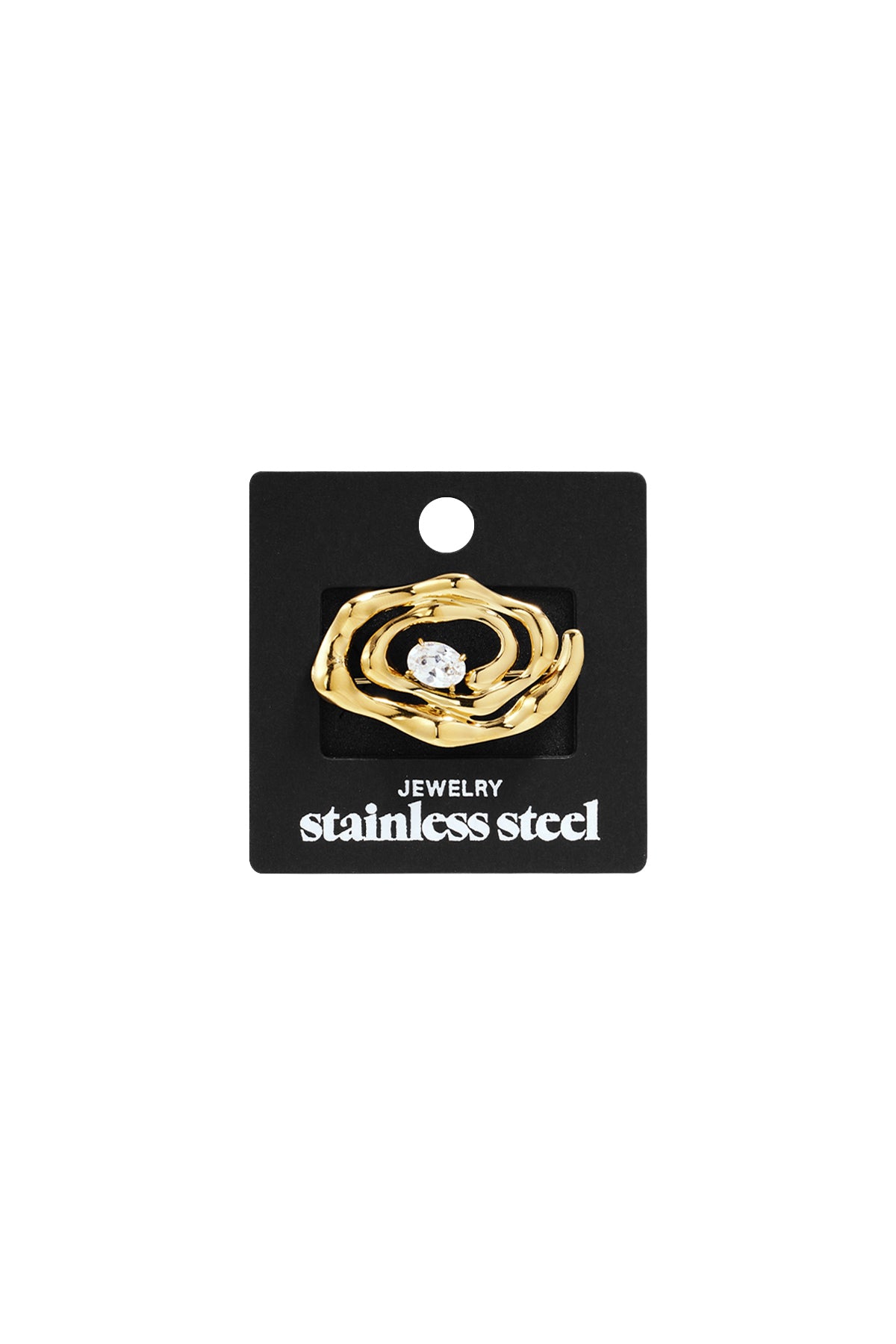 Golden spiral brooch in gold-toned stainless steel with an oval-cut center stone on a black display card.