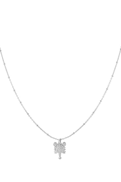 Silver lobster pendant necklace with rhinestone accents on delicate silver chain against white background