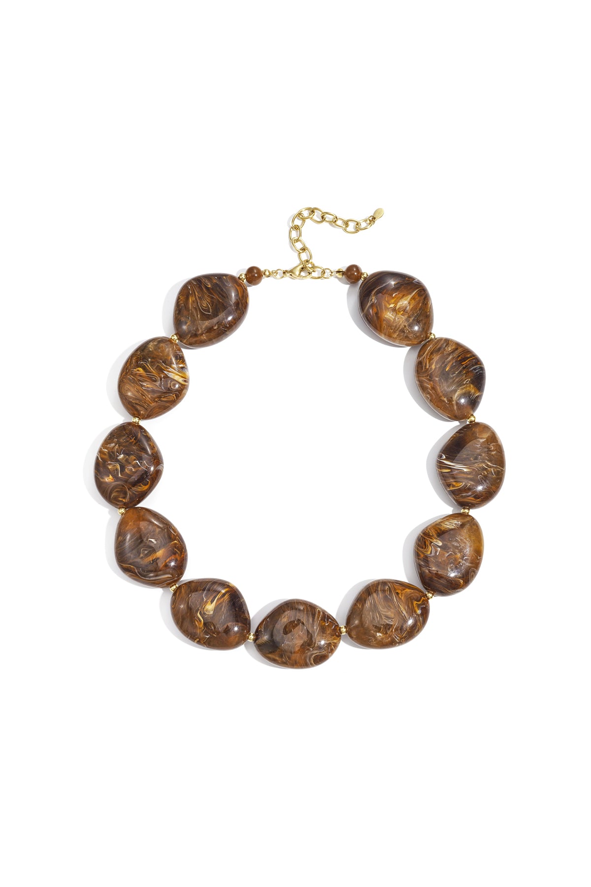 Chunky brown marbled acrylic beaded necklace laid flat with gold chain extender