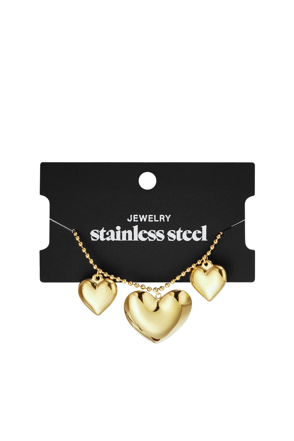 Gold-tone stainless steel bead chain necklace featuring three polished heart charms on a black display card.