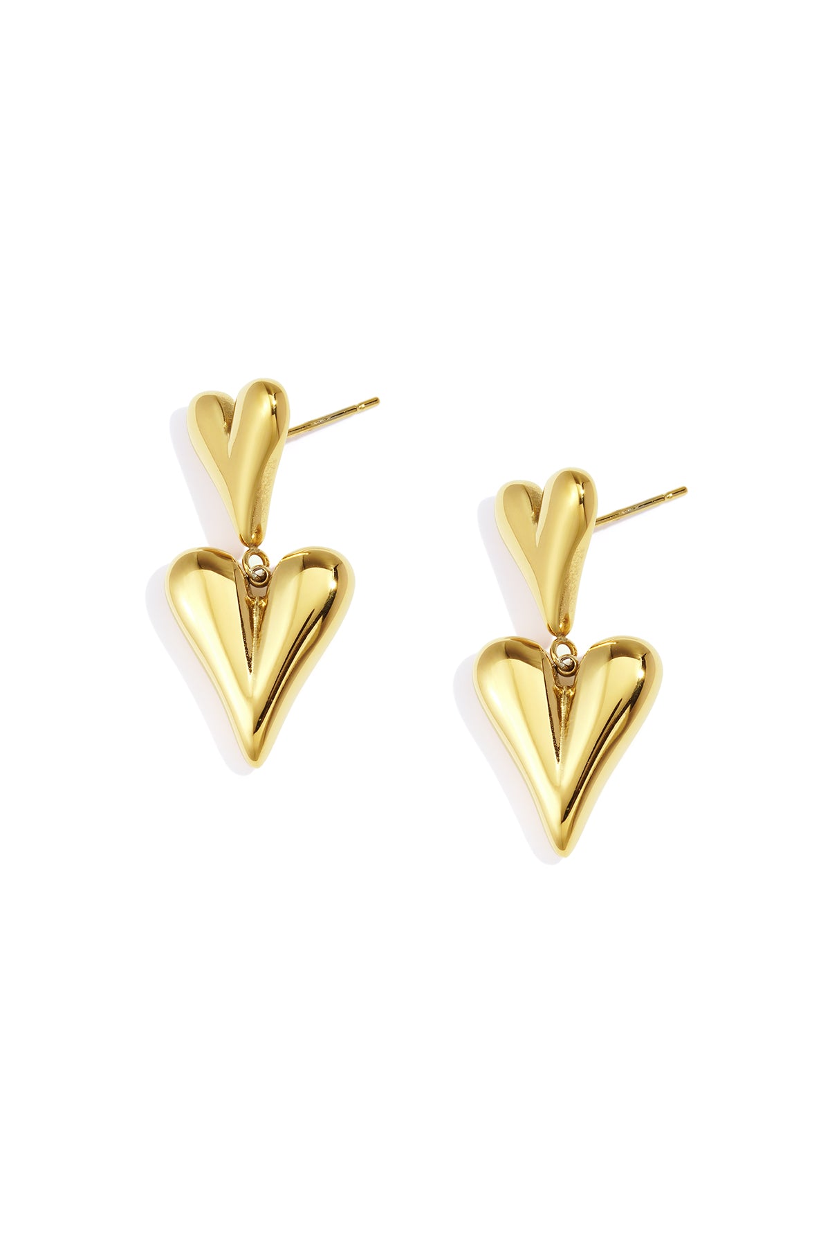 Pair of chunky double heart drop earrings in shiny gold metal with post backs