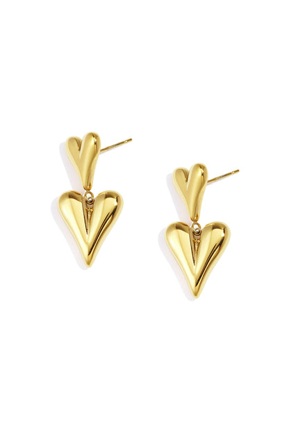 Pair of chunky double heart drop earrings in shiny gold metal with post backs