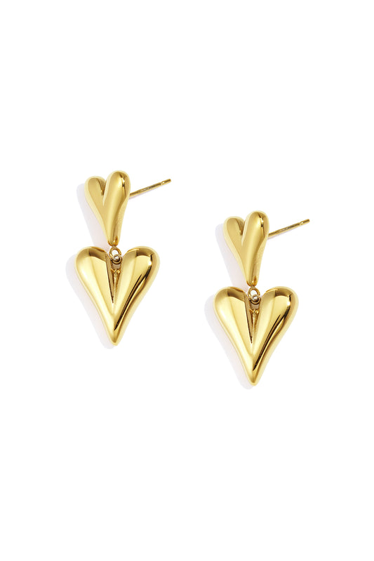 Pair of chunky double heart drop earrings in shiny gold metal with post backs