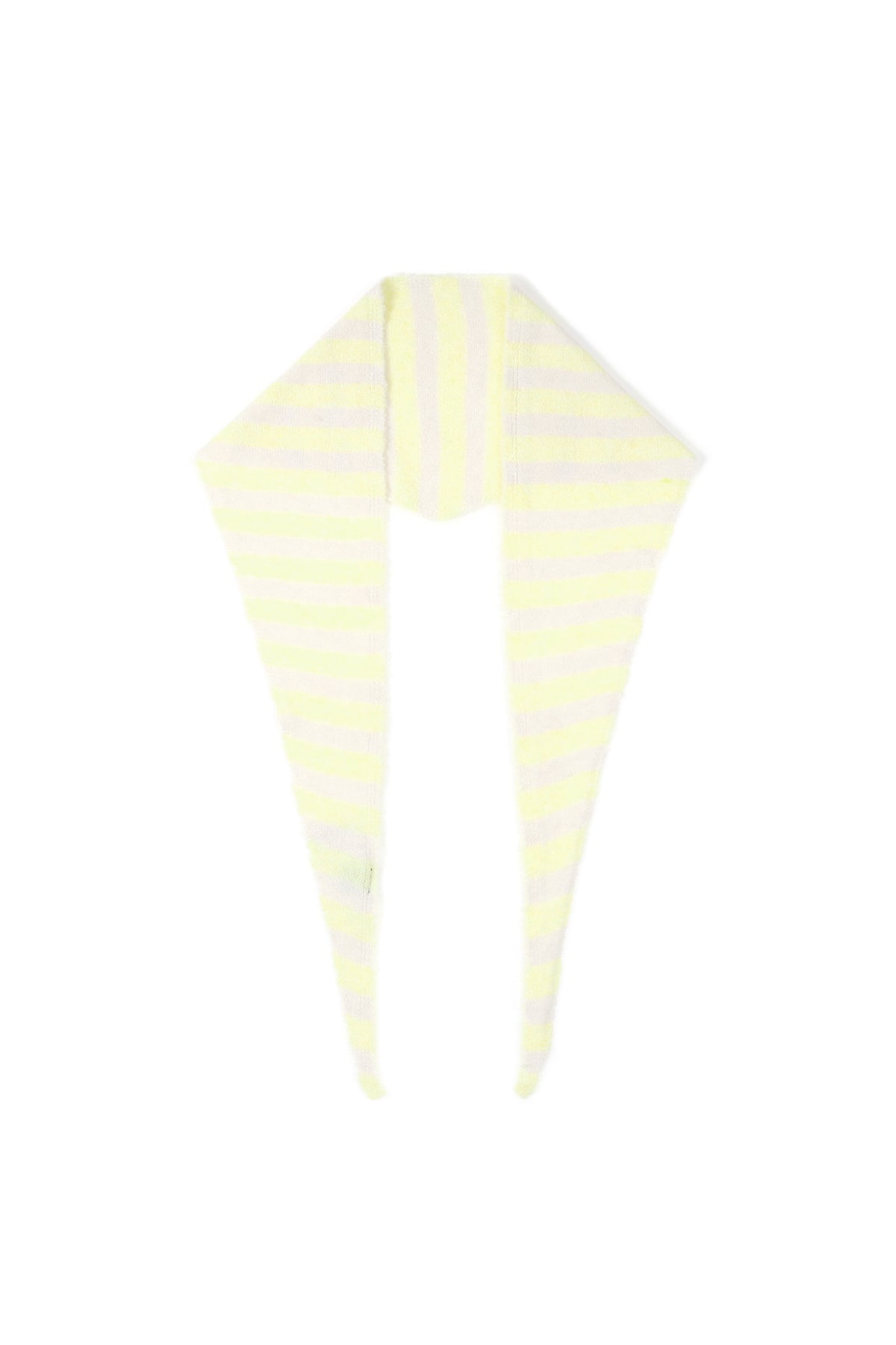Pastel yellow and cream striped knit neck scarf laid flat with pointed ends.