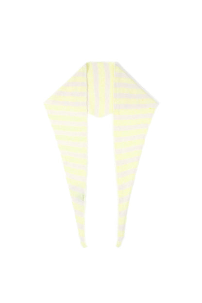 Pastel yellow and cream striped knit neck scarf laid flat with pointed ends.