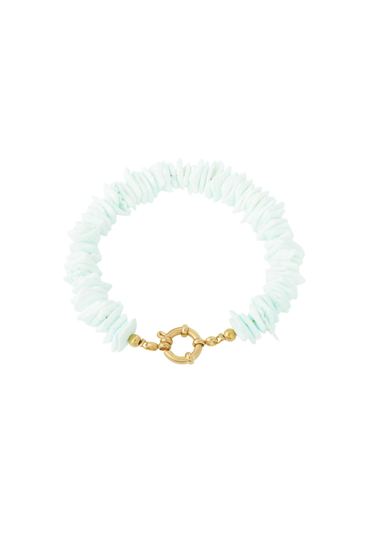Mint and white shell beaded bracelet with gold toggle clasp on white background