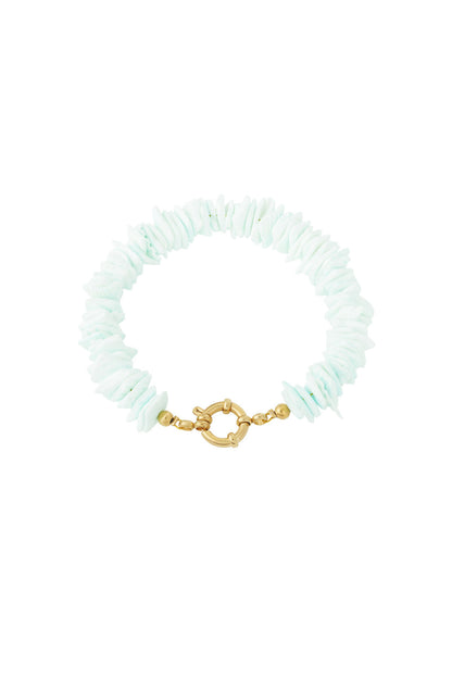 Mint and white shell beaded bracelet with gold toggle clasp on white background
