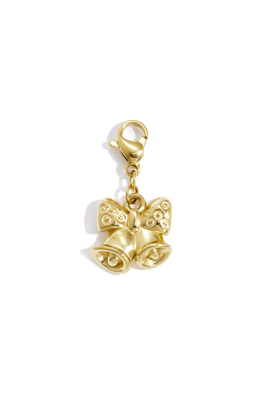 Gold-tone charm pendant featuring two bells with a decorative bow and lobster clasp attachment