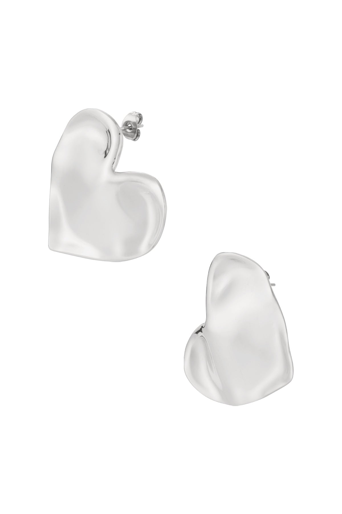 Pair of chunky heart-shaped stud earrings with smooth silver finish on white background