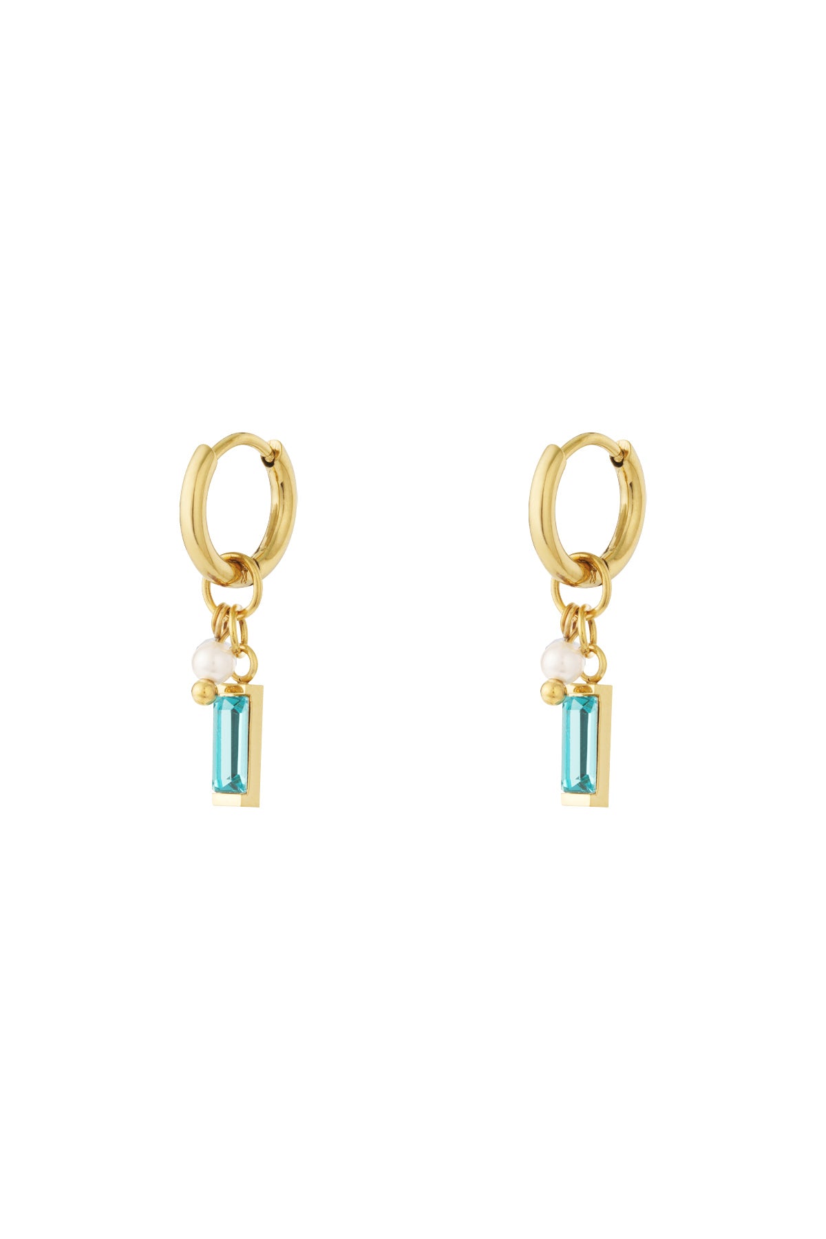 Pair of gold hoop earrings with aqua rectangular gemstone, pearl, and small bead charms on white background